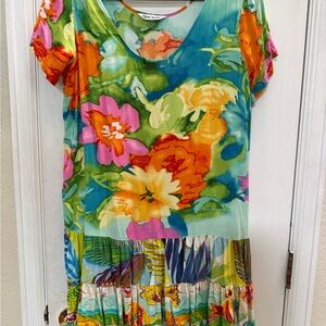 Jams World Tropical Multicolor Short Sleeve Dress with Layered Swing Bottom